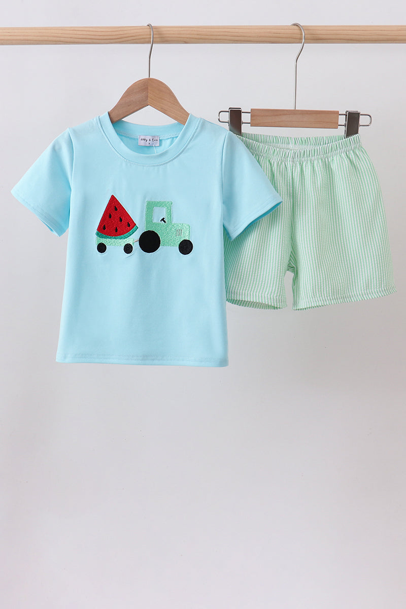 Blue watermelon truck seersucker shorts set