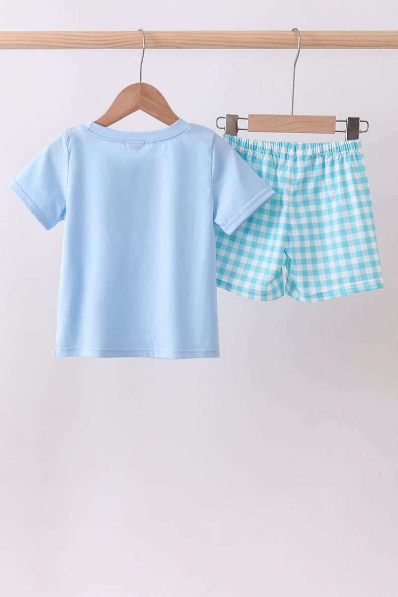 Blue mommy's boy embroidery gingham shorts set