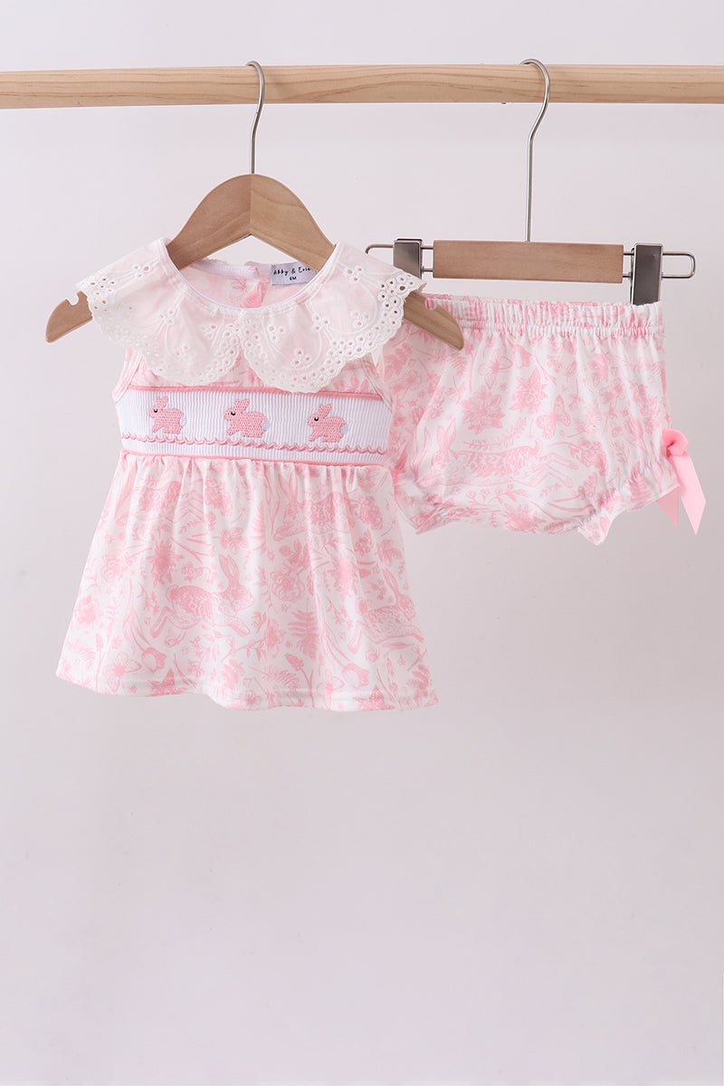 Pink bunny smocked lace collar bow bloomer set