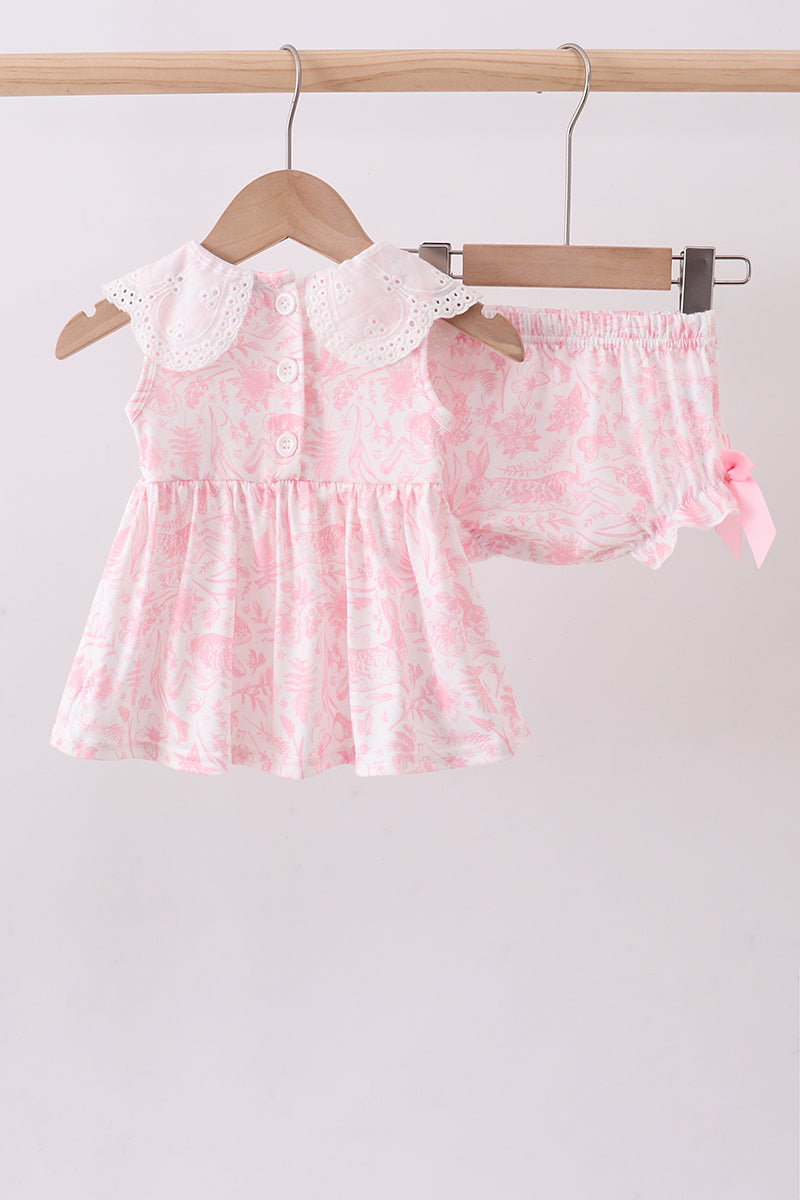 Pink bunny smocked lace collar bow bloomer set