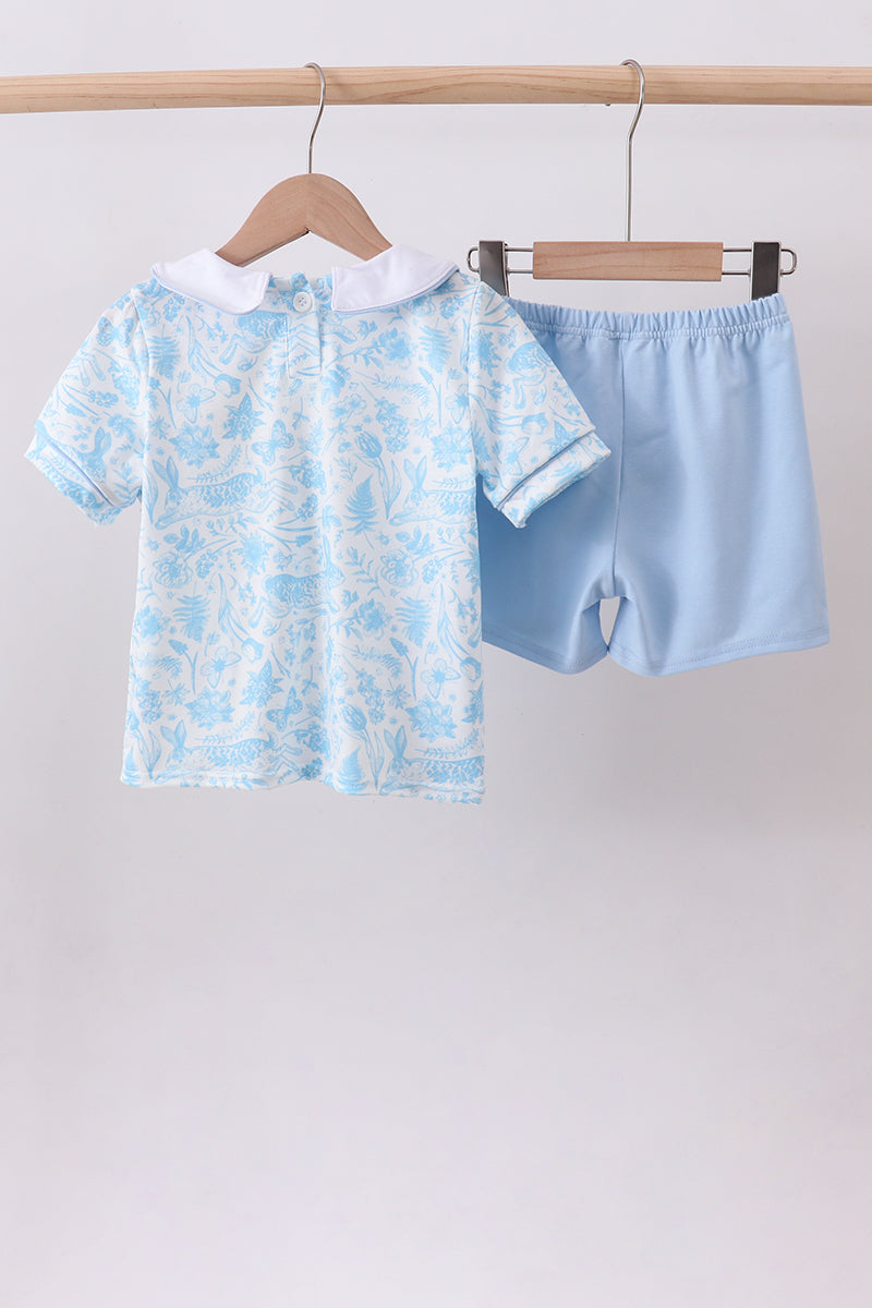 Blue bunny smocked peter pan collar shorts set
