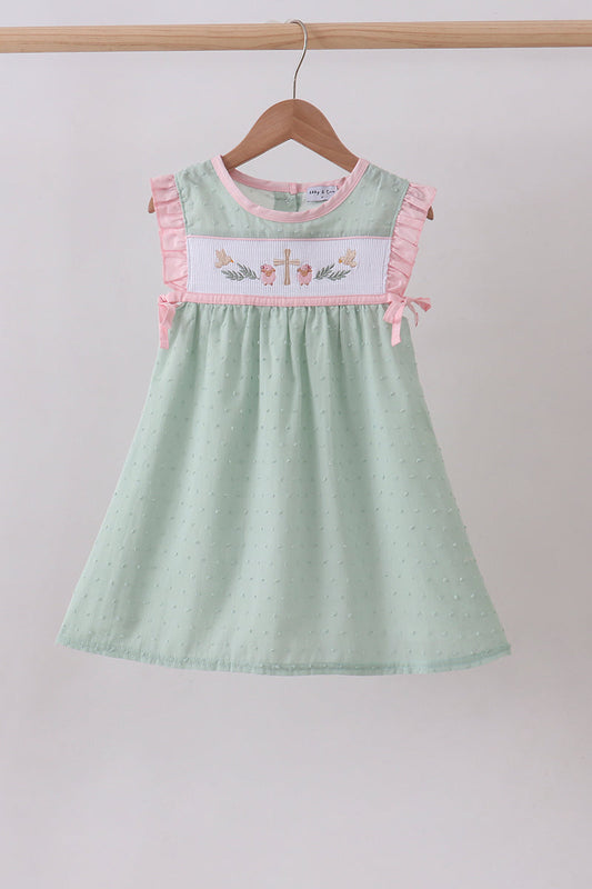 Green swiss dot cross sheep ruffle dress