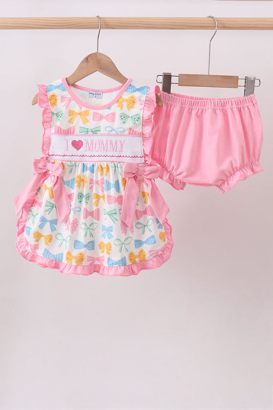 Pink bow I love MOMMY smocked ruffle bloomer set