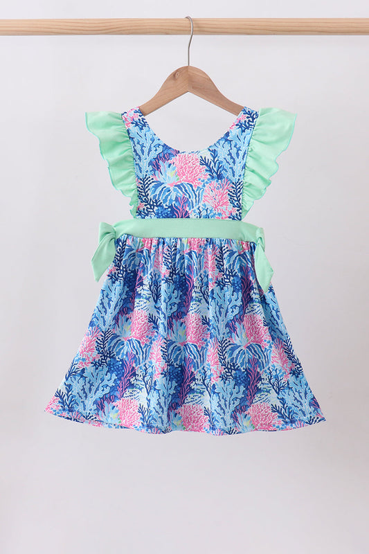 Blue marine creature print ruffle dress