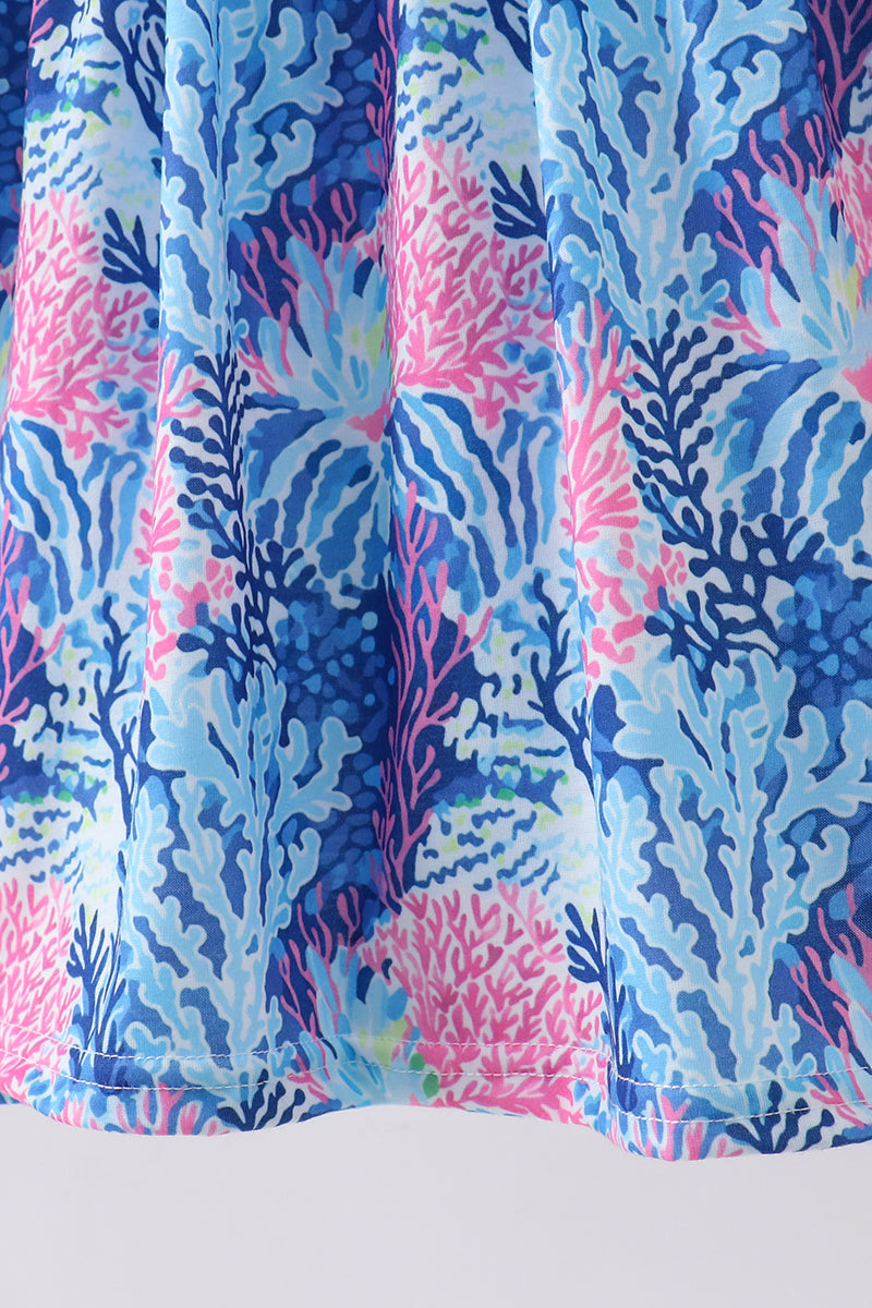 Blue marine creature print ruffle dress