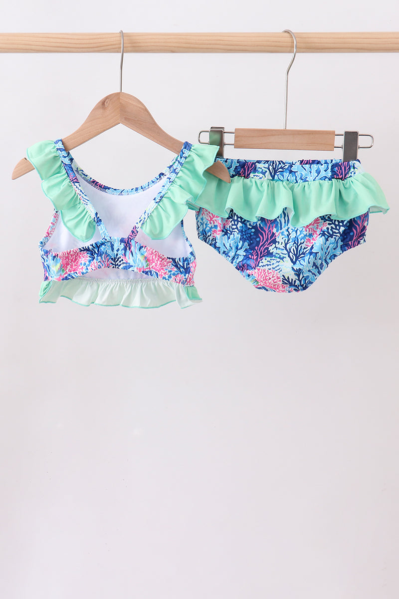 Blue marine creature print ruffle 2pc swimsuit