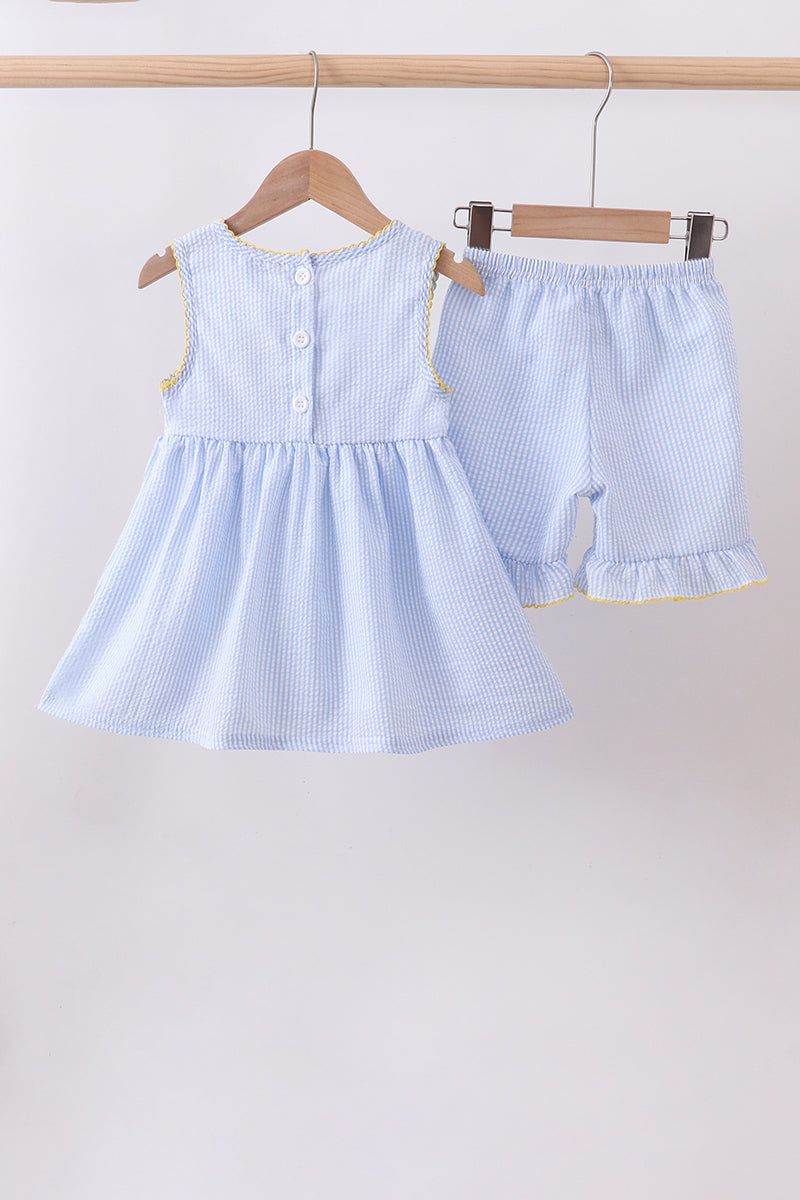 Blue lemon embroidery seersucker ruffle shorts set