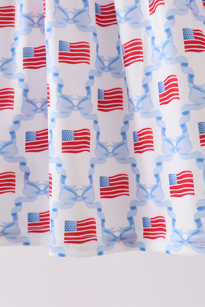 Blue flag embroidery bow dress