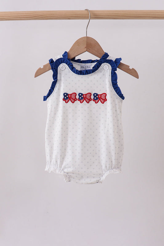 Navy bow applique ruffle bubble