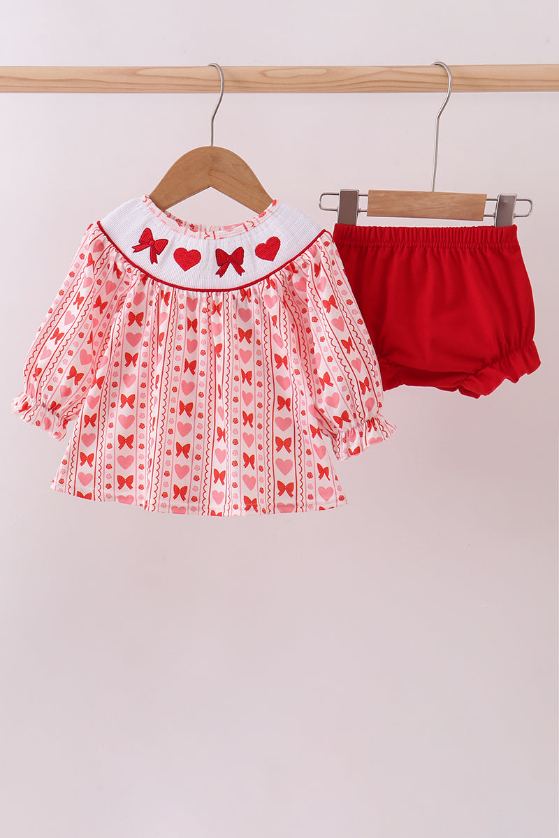 Red heart bow smocked bloomer set