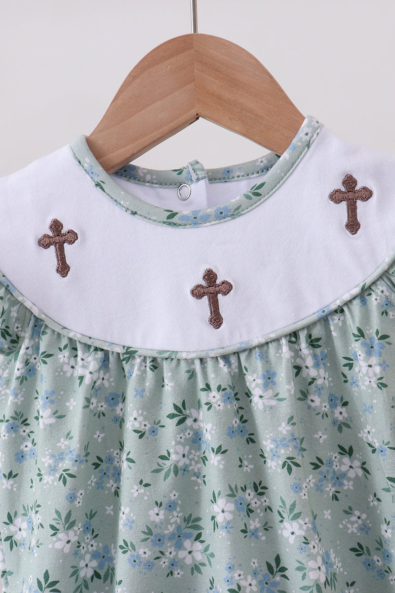Sage cross embroidery floral ruffle bubble
